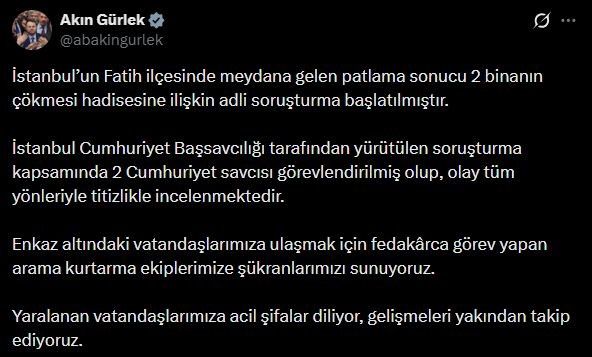 Bakan Gürlek: "2 binanın çökmesi hadisesine ilişkin adli soruşturma başlatılmıştır"
