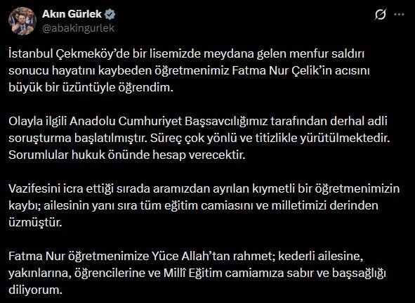 Bakan Gürlek: "(Öğretmen Fatma Nur Çelik) Olayla ilgili derhal adli soruşturma başlatılmıştır"