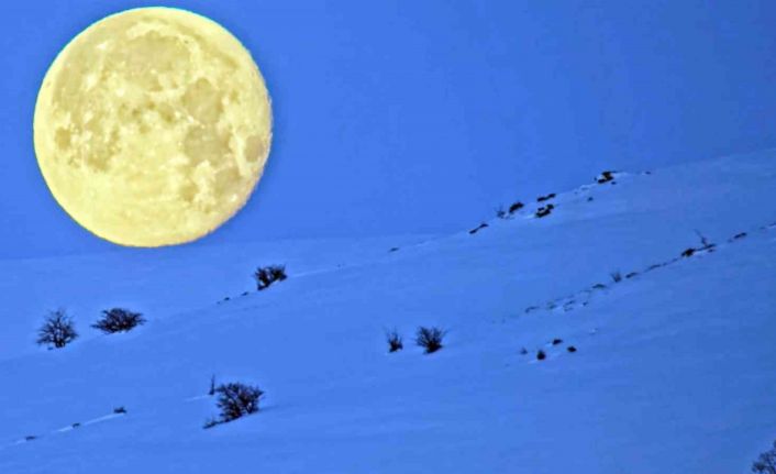 Bitlis’te karlı dağlarla bütünleşen ay manzarası mest etti