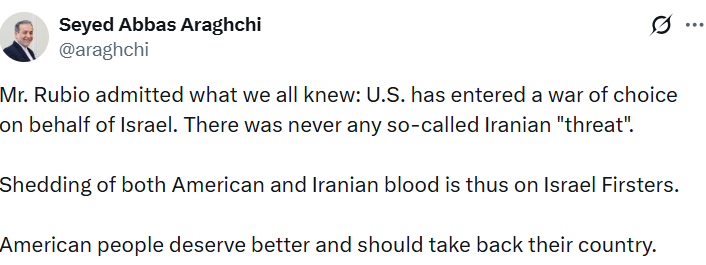 İran Dışişleri Bakanı Arakçi: "Rubio hepimizin bildiği bir şeyi itiraf etti: ABD, İsrail adına savaşa girdi"
