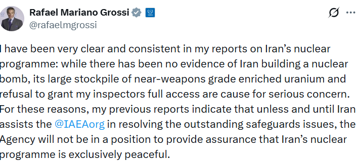 UAEA Başkanı Grossi, İran’ın nükleer bomba ürettiğine dair bir kanıtın bulunmadığını yineledi