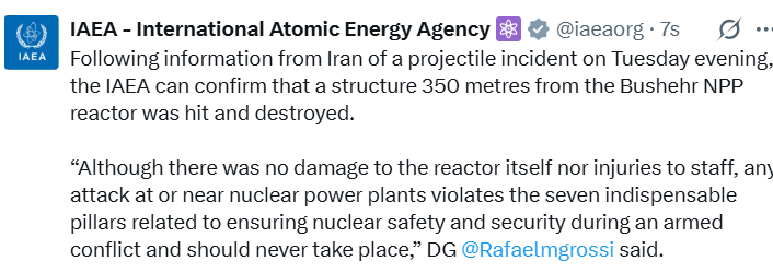 UAEA, İran’daki Buşehr Nükleer Santrali reaktörünün yakınına füze isabet ettiğini doğruladı