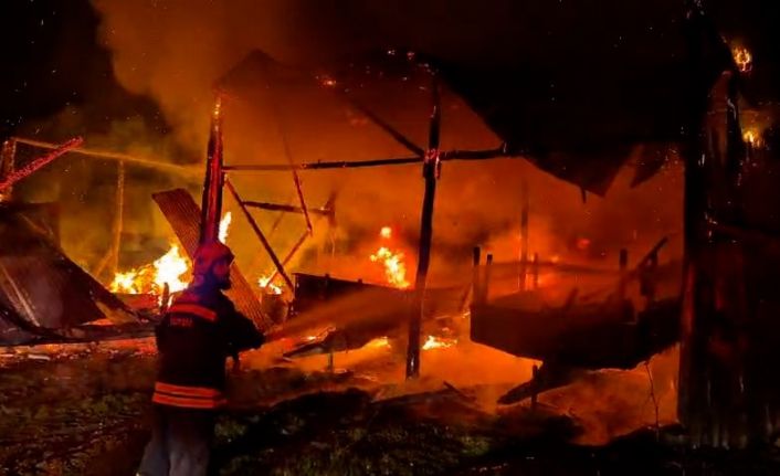 Bolu’da samanlığa yıldırım düştü: Samanlık ve traktör alev alev yandı