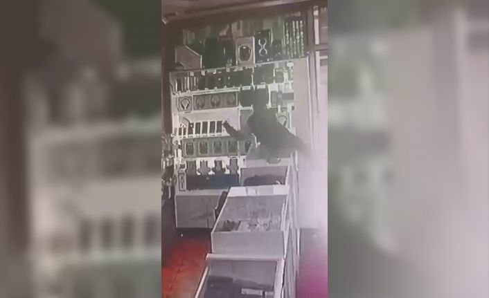 Böyle hırsızlık görülmedi: Masanın üstüne çıkıp vitrindeki telefonları alarak kaçtı