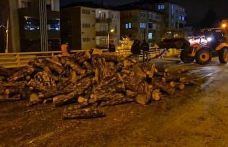 Kamyondan kara yoluna dökülen odunlar kaldırıldı