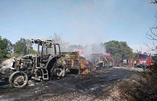 Biga’da saman yüklü traktör yandı