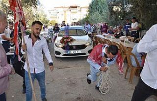 Damadın 1,5 tonluk gelin arabasını halatla çektiğini...