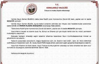 Kırklareli Valisi korona virüsü yendi