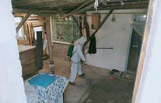 Muhtar mahallesinde her evi dezenfekte ediyor