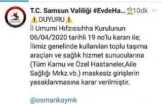 Samsun’da hastanelere maskesiz girmek yasaklandı