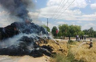 Elektrik tellerine takılan saman yüklü tır cayır...