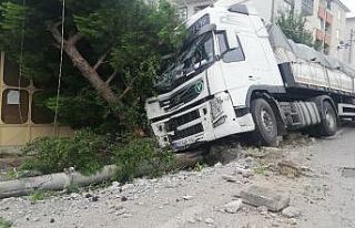 Kontrolden çıkan tır, elektrik direğini yerinden...