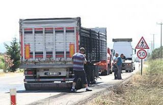 Seyir halindeyken yanan tırın lastiği, yol kenarındaki...