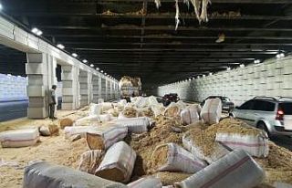 İzmir’de saman yüklü TIR alt geçide sıkıştı