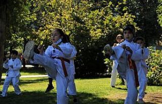 Öğrencileri için parkı karate sınıfına çevirdi