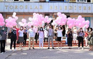 Meme kanserine karşı gökyüzüne pembe balonlar...