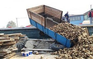 Pancar yüklü traktörün römorku devrildi