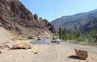 Yola düşen dev kayalar yolu kapattı