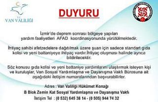 Van Valiliği’nden İzmir’e yardım çağrısı