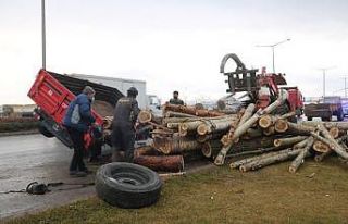 Tekeri çıkan tomruk yüklü römork yan yattı