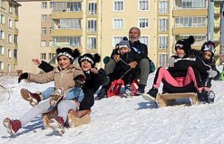 Kızakla kayarak eğlenen çocuklara velileri de eşlik...