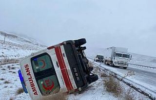 Kontrolden çıkan ambulans yan yattı