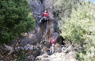 Bacağı kırık keçi, mahsur kaldığı kayalıklardan...