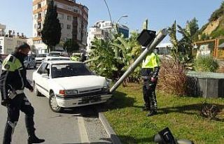 Fren yerine gaza basınca trafik lambasını devirdi