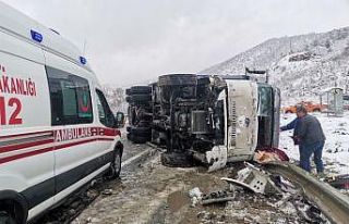 Elma yüklü tır devrildi, sürücüsü yaralandı