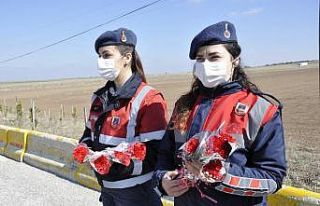 Jandarma kontrol noktasında kadınlara karanfil dağıtıldı