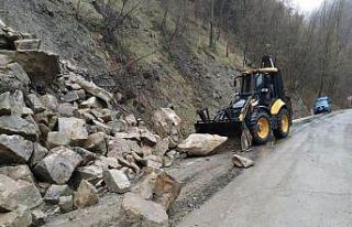 Heyelanda dev kayalar yolu kapattı