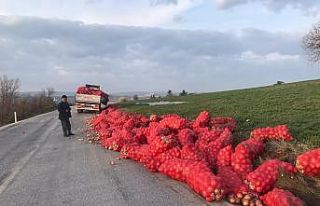 Kamyonun kasası kırılınca soğan çuvalları yola...