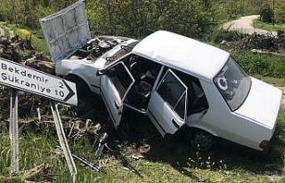 Yoldan çıkan otomobil son anda kütüklere çarparak...