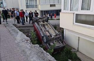 Yoldan çıkan kamyonet apartman bahçesine düştü