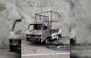 Çıkan yangında kamyonet küle döndü