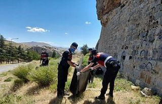 Jandarma ekipleri, çevre temizliği yaparak örnek...