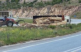 Kereste yüklü kamyon devrildi