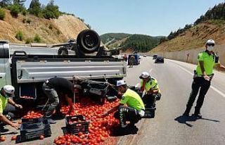 Domatesler devrilen kamyonetten yola saçıldı, trafik...
