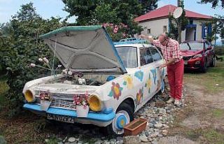 1964 model otomobil çiçekleri ve renkli boyasıyla...