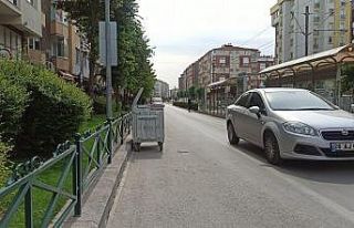 Şeridin yarısını kaplayan çöp konteynerleri...