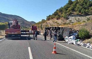 Virajı alamayan kamyon yan yattı