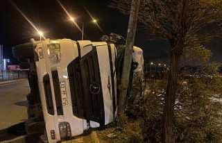 Virajı alamayan tır aydınlatma direğine çarptı