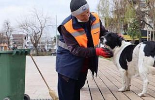 Temizlik işçisi ile köpeğin yürekleri ısıtan...