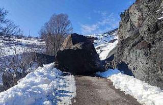 Dev kaya yola düştü, köyün ulaşımı kapandı