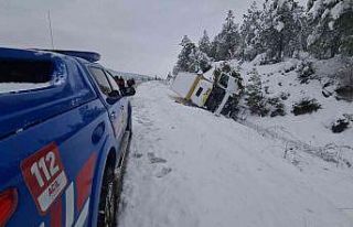 PTT kargo kamyonu yoldan çıkarak devrildi