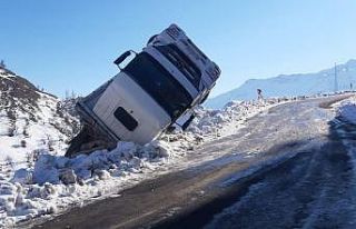 Siirt’te virajı alamayan odun yüklü kamyon devrildi