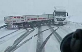 Buzlanan yolda kayan tır araç kamerasında