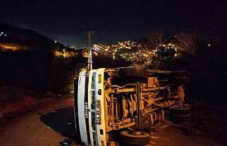 Freni boşalan kamyon yan yattı