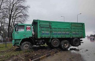 Yoldan çıkan kamyon refüje çıktı