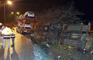 Cip taşıyan tır buzlanan yolda devrildi